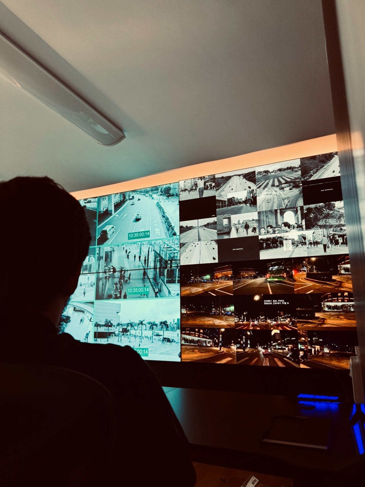 Person observing multiple surveillance camera feeds on a wall screen.
