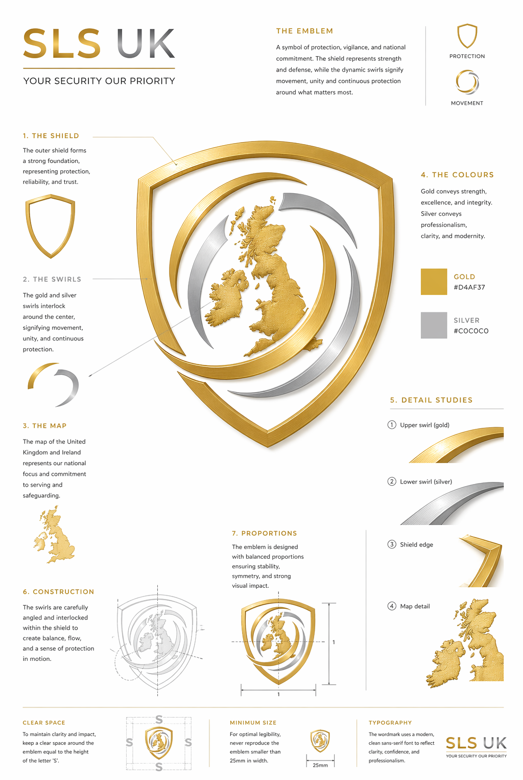 Gold and silver shield design featuring the UK map and security concepts.